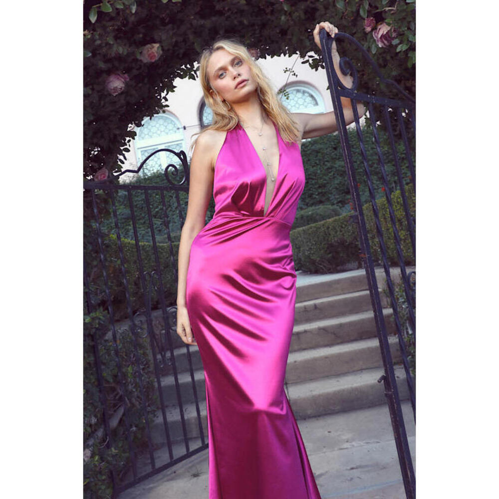 NWT Lulus Beguiling Beauty Magenta Satin Halter Mermaid Maxi Dress Pink - Size L